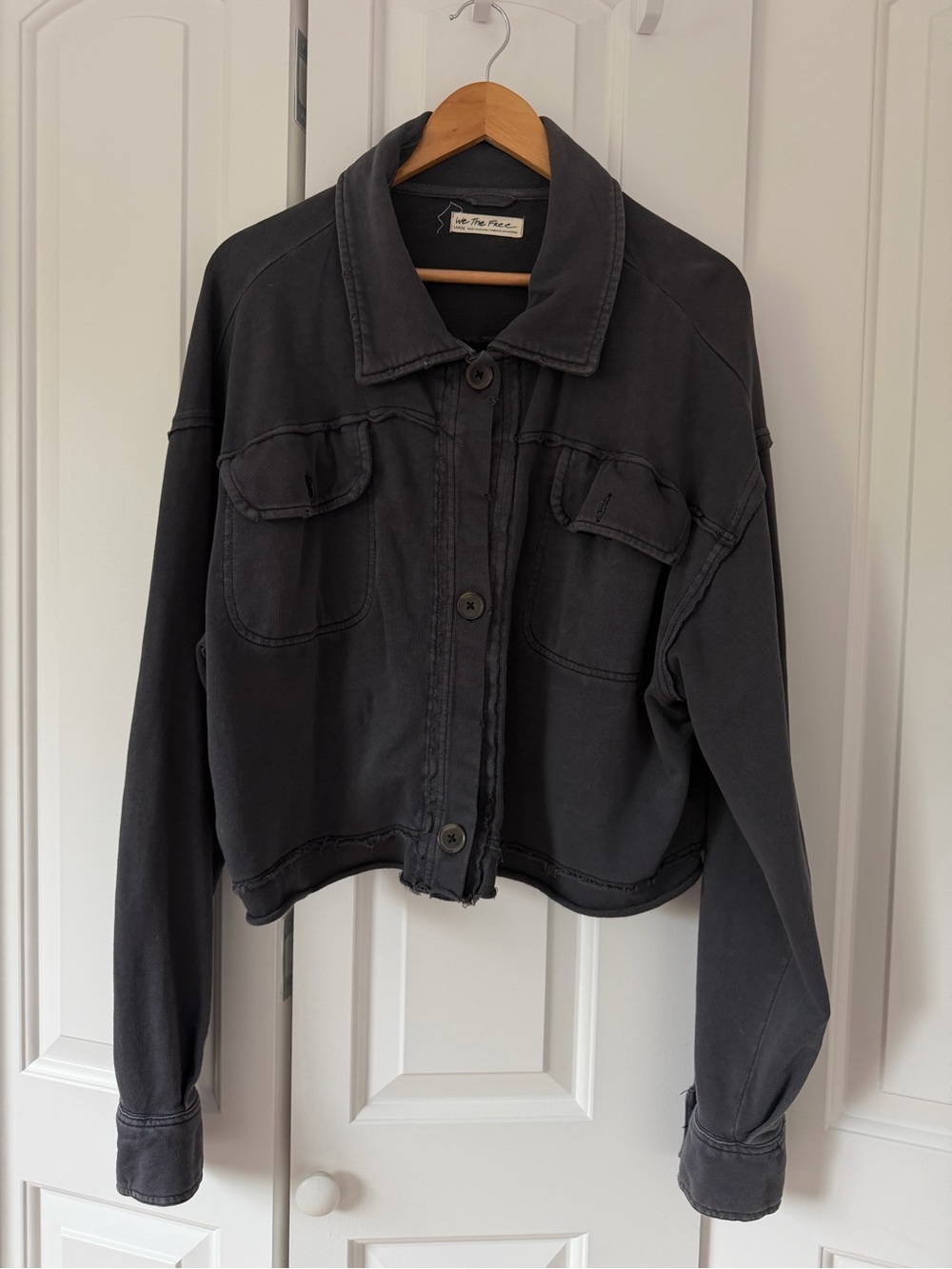 Free People Washed Navy Button-Front Crop Shacket
